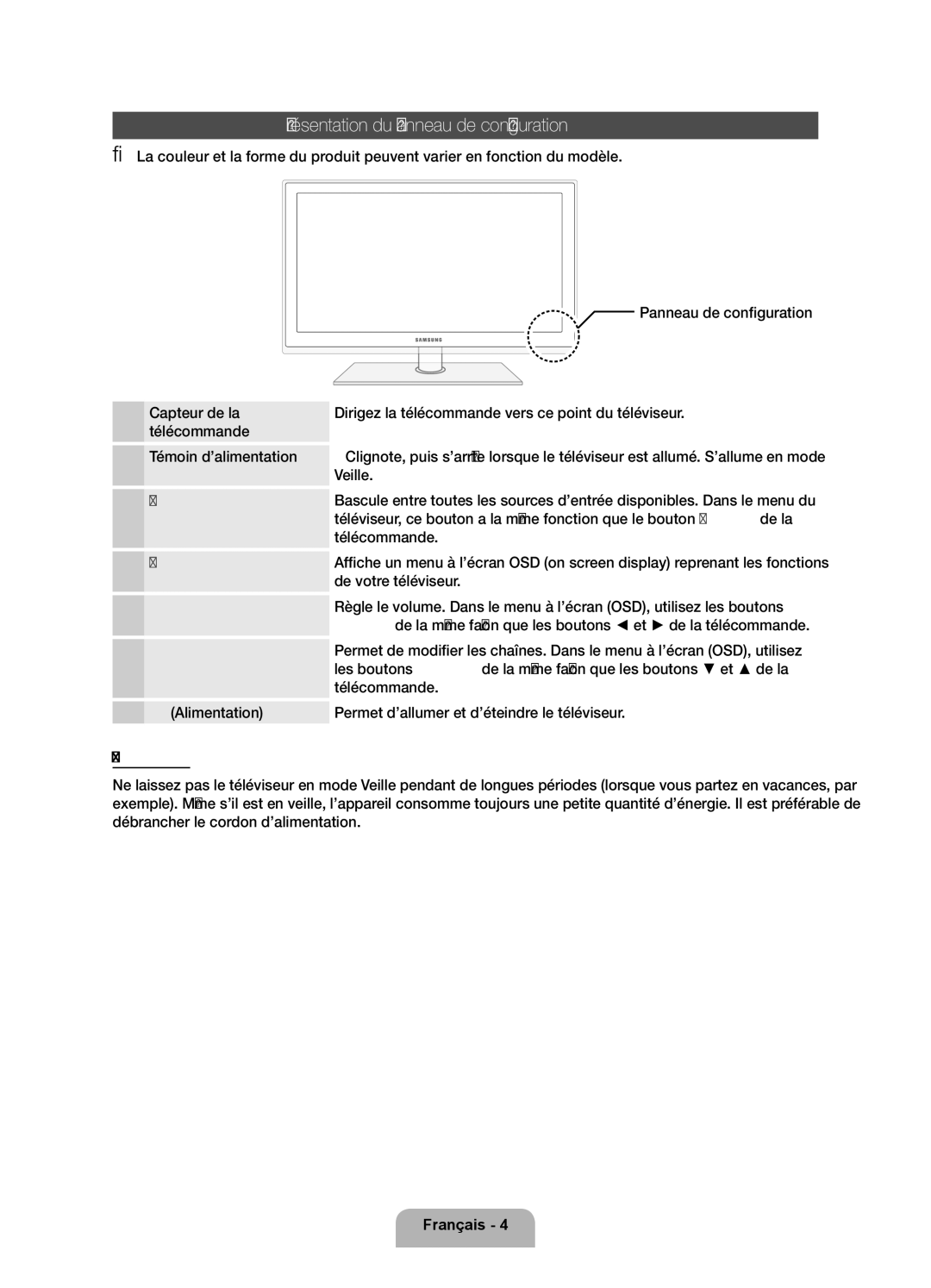 Samsung UE46D5700RSXZG, UE40D5720RSXXN, UE32D5720RSXZG manual Présentation du panneau de configuration, Témoin d’alimentation 