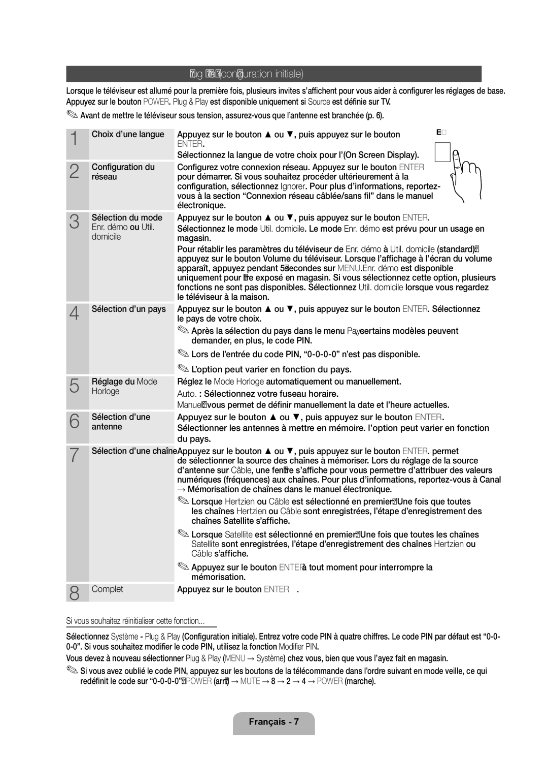 Samsung UE46D5720RSXZG manual Plug & Play configuration initiale, Domicile Sélection d’un pays, HorlogeRéglage du Mode 