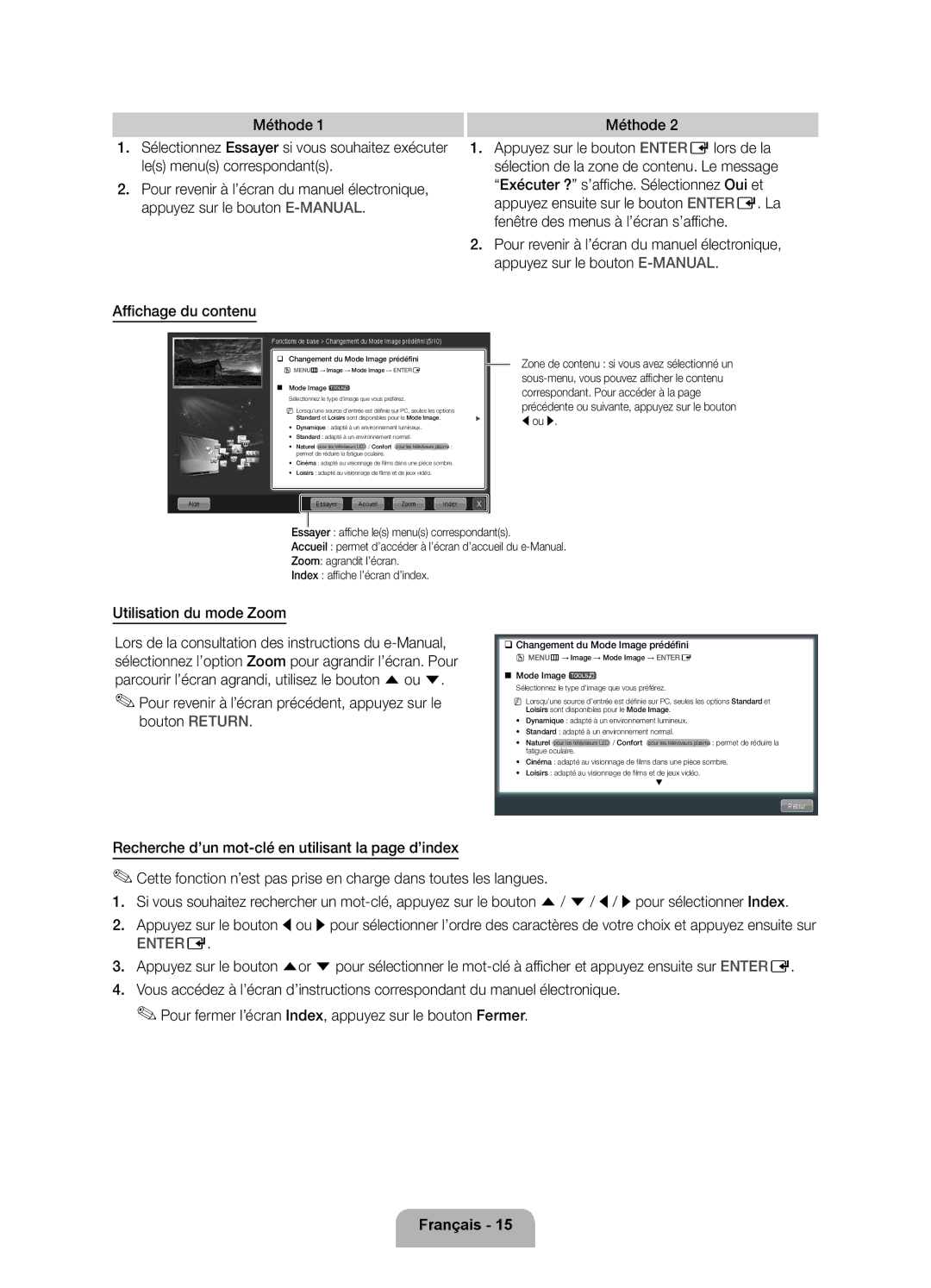 Samsung UE46D5720RSXZF manual Affichage du contenu, Utilisation du mode Zoom, ‰‰Changement du Mode Image prédéfini 