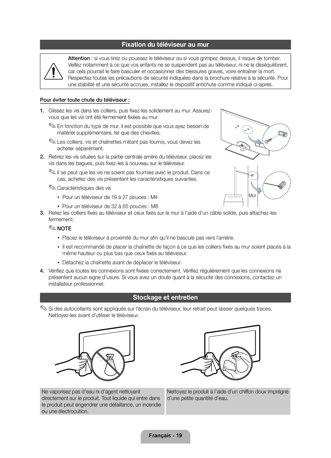 Samsung UE37D5700RSXZG, UE40D5720RSXXN, UE32D5720RSXZG manual Fixation du téléviseur au mur, Stockage et entretien, Mur 