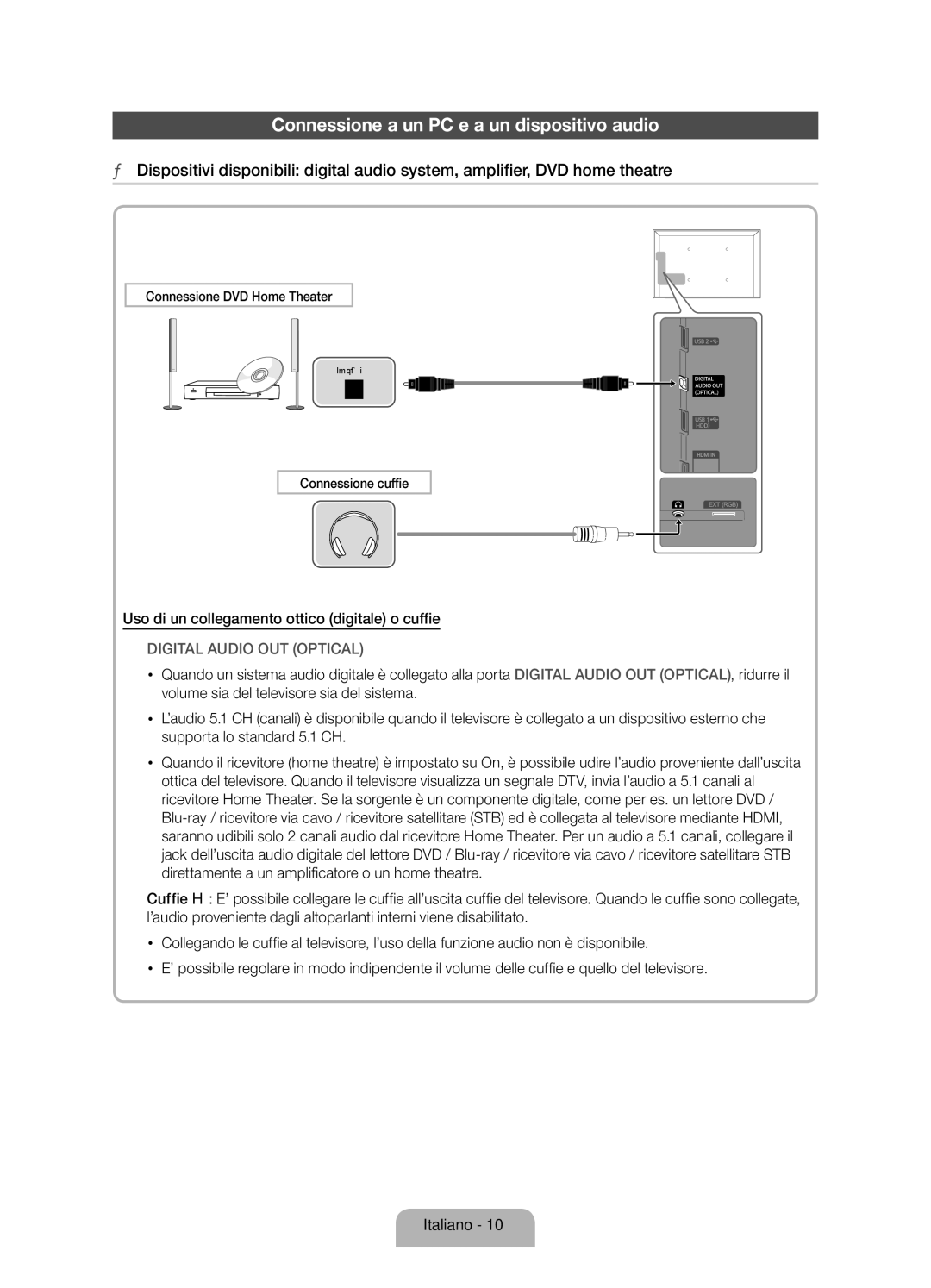 Samsung UE40D5720RSXZF manual Connessione a un PC e a un dispositivo audio, Uso di un collegamento ottico digitale o cuffie 