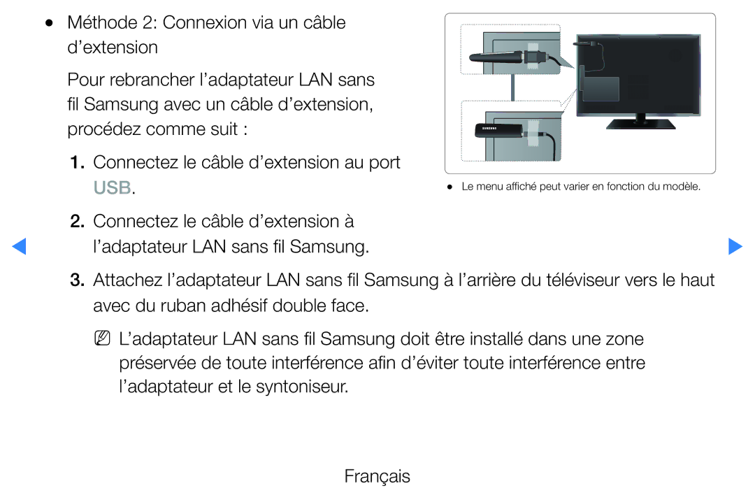 Samsung UE32D5700RSXZF, UE40D5720RSXZF, UE40D5700RSXZF Connectez le câble d’extension à, ’adaptateur LAN sans fil Samsung 