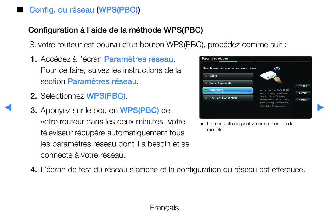 Samsung UE32D5720RSXZF Config. du réseau Wpspbc, Section Paramètres réseau, Sélectionnez Wpspbc, Connecte à votre réseau 