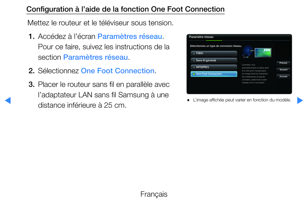 Samsung UE40D5720RSXZF, UE40D5700RSXZF manual Sélectionnez One Foot Connection, ’adaptateur LAN sans fil Samsung à une 