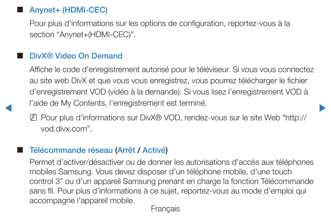 Samsung UE40D5700RSXZF manual Anynet+ HDMI-CEC, DivX Video On Demand, ’aide de My Contents, l’enregistrement est terminé 