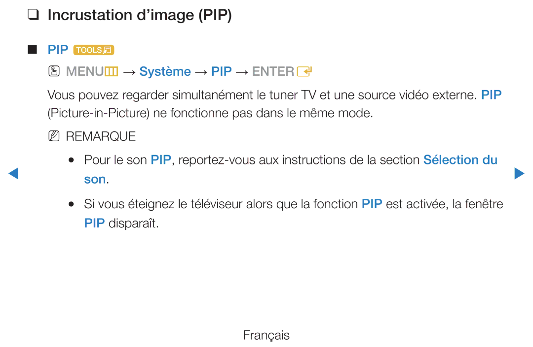 Samsung UE27D5000NWXZF Incrustation d’image PIP, PIP t OO MENUm → Système → PIP → Entere, Son, PIP disparaît Français 