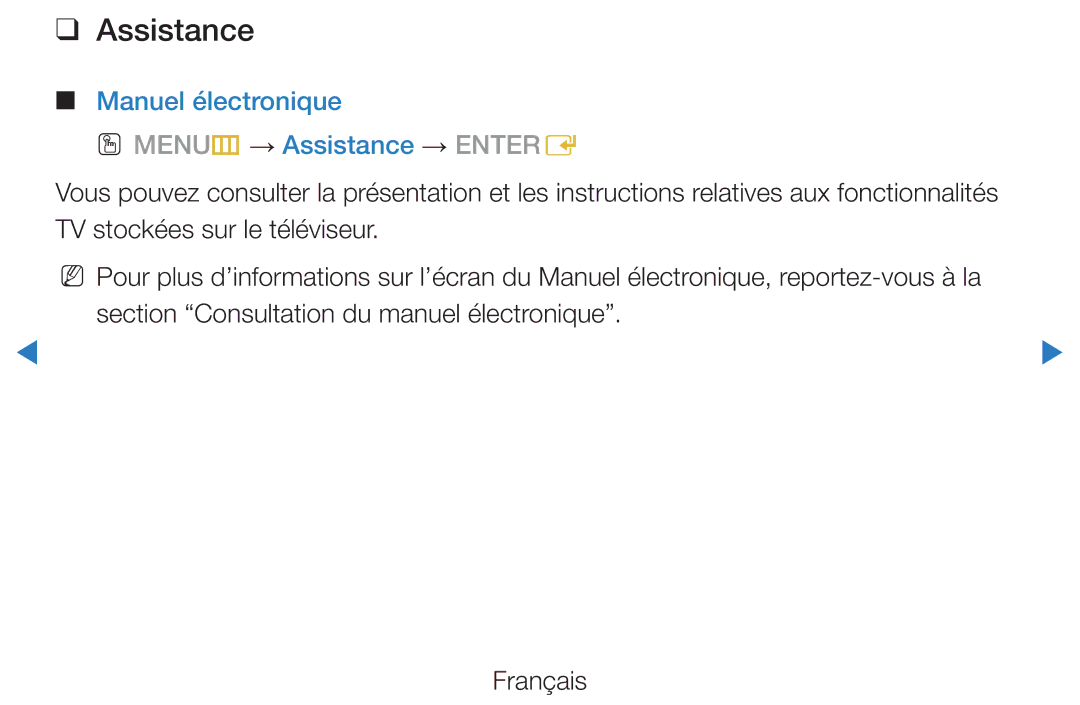 Samsung UE32D5720RSXZF, UE40D5720RSXZF, UE40D5700RSXZF manual Manuel électronique OO MENUm → Assistance → Entere 