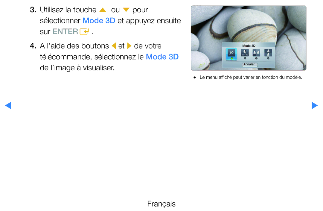 Samsung UE40D5720RSXZF, UE40D5700RSXZF, UE37D5700RSXZF, UE27D5000NWXZF, UE32D5700RSXZF, UE37D5720RSXZF manual Mode 3D Annuler 