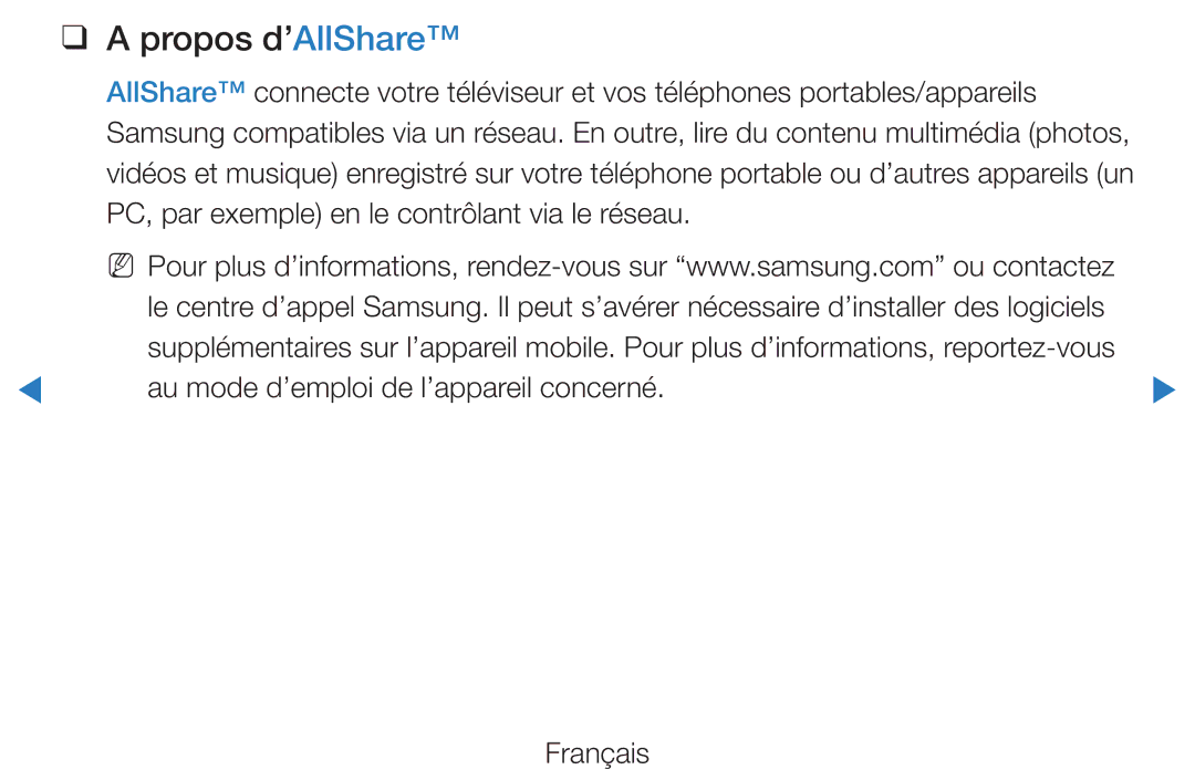 Samsung UE46D5720RSXZF, UE40D5720RSXZF, UE40D5700RSXZF Propos d’AllShare, Au mode d’emploi de l’appareil concerné Français 