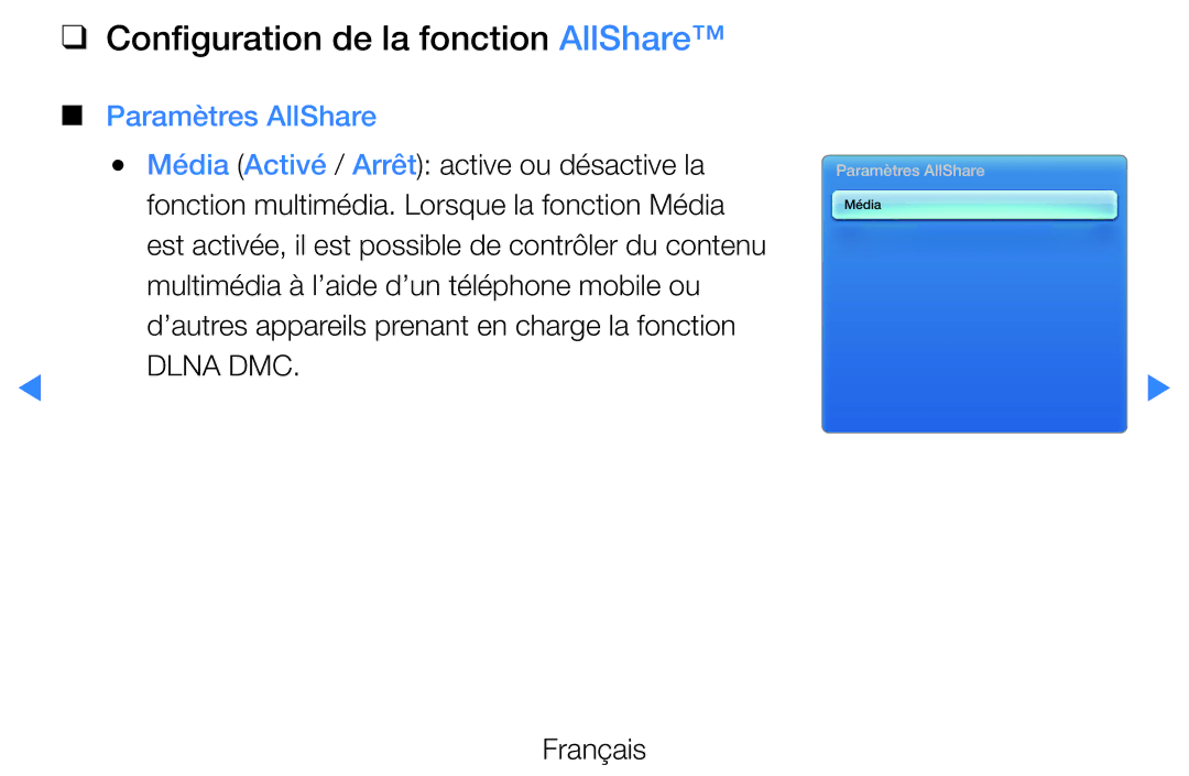 Samsung UE46D5700RSXZF, UE40D5720RSXZF, UE40D5700RSXZF manual Configuration de la fonction AllShare, Paramètres AllShare 