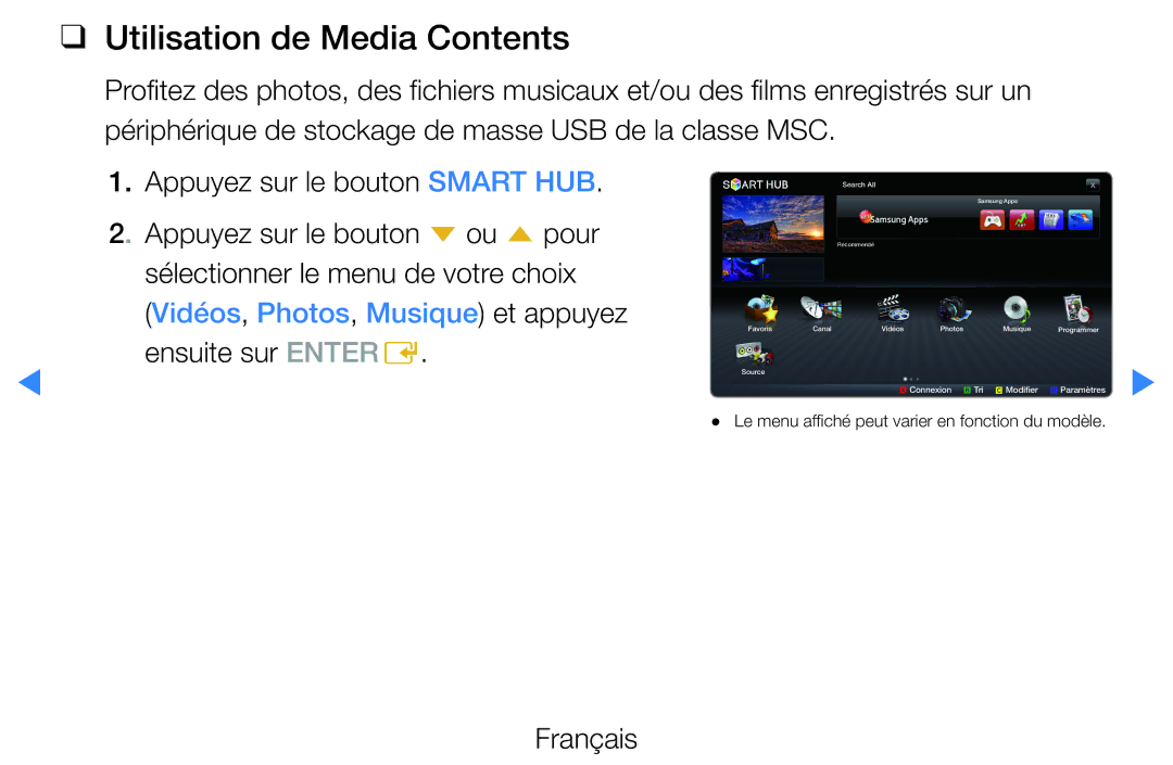 Samsung UE32D5700RSXXC, UE40D5720RSXZF, UE40D5700RSXZF, UE37D5700RSXZF, UE27D5000NWXZF manual Utilisation de Media Contents 
