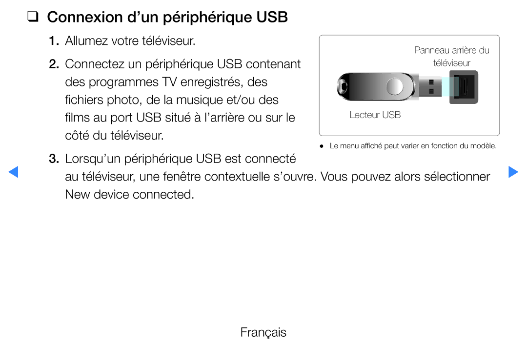 Samsung UE46D5720RSXZF Connexion d’un périphérique USB, Allumez votre téléviseur, Lorsqu’un périphérique USB est connecté 