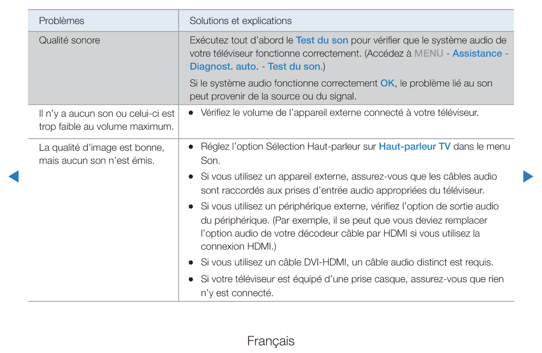 Samsung UE46D5700RSXZF, UE40D5720RSXZF, UE40D5700RSXZF, UE37D5700RSXZF, UE27D5000NWXZF manual Diagnost. auto. Test du son 