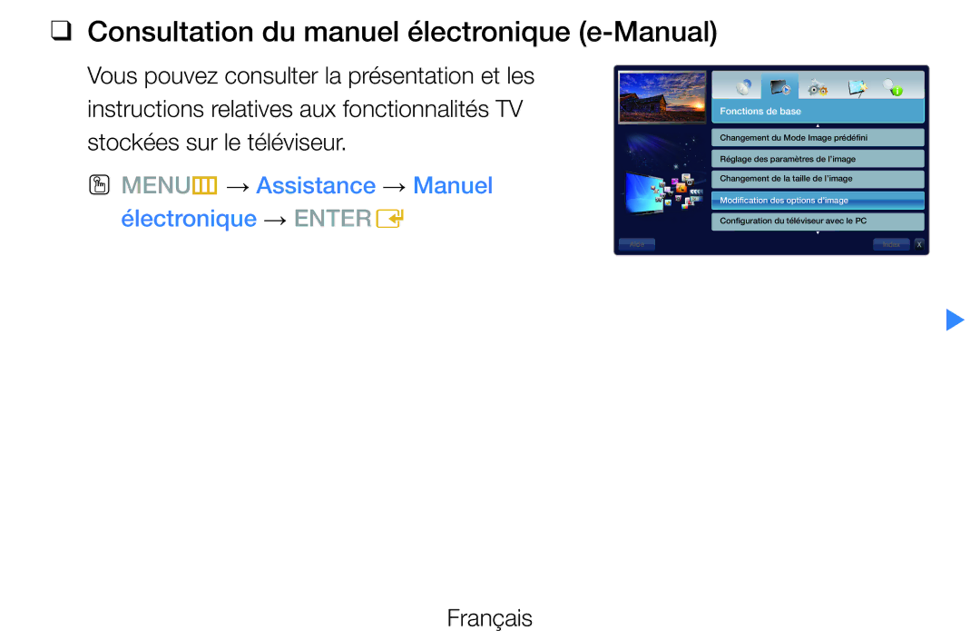 Samsung UE40D5700RSXZF Consultation du manuel électronique e-Manual, OO MENUm → Assistance → Manuel Électronique → Entere 