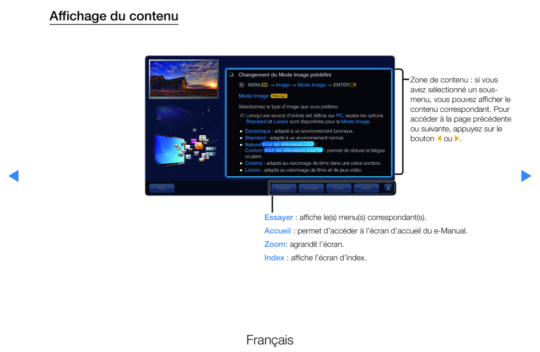 Samsung UE37D5720RSXZF, UE40D5720RSXZF, UE40D5700RSXZF manual Affichage du contenu, Changement du Mode Image prédéfini 