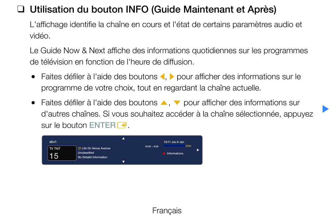 Samsung UE27D5000NWXZF, UE40D5720RSXZF, UE40D5700RSXZF manual Utilisation du bouton Info Guide Maintenant et Après, Français 