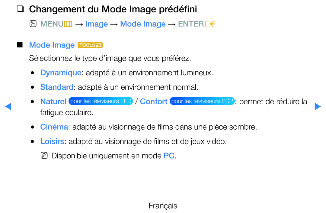 Samsung UE27D5000NWXZF manual Changement du Mode Image prédéfini, OO MENUm → Image → Mode Image → Entere Mode Image t 