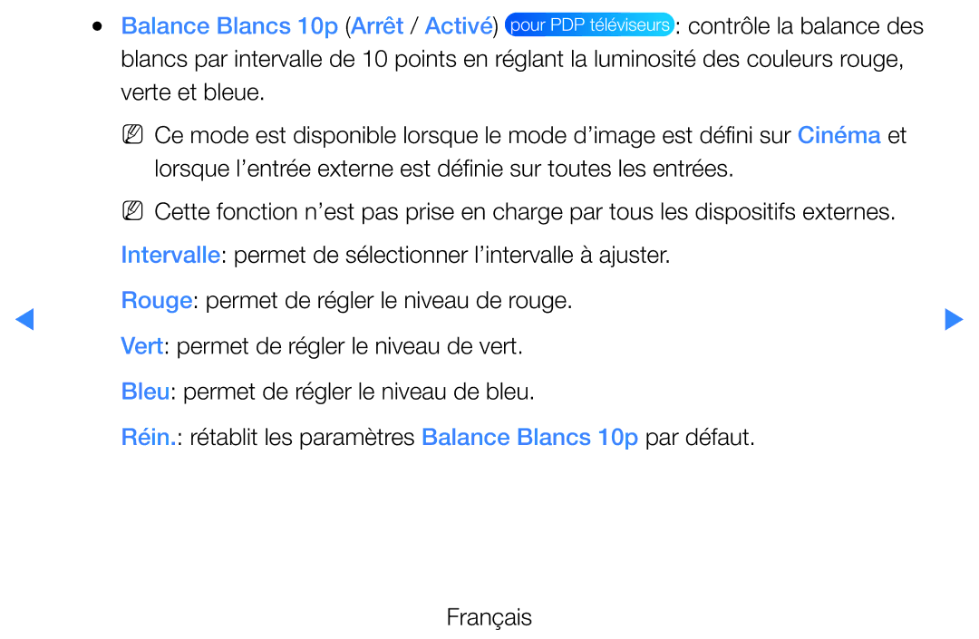 Samsung UE37D5720RSXZF, UE40D5720RSXZF, UE40D5700RSXZF manual Balance Blancs 10p Arrêt / Activé, Contrôle la balance des 