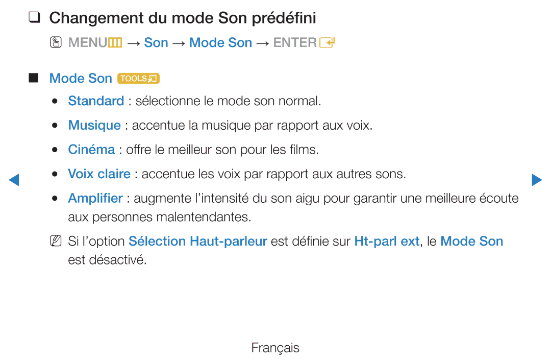 Samsung UE37D5720RSXZF, UE40D5720RSXZF Changement du mode Son prédéfini, OO MENUm → Son → Mode Son → Entere Mode Son t 