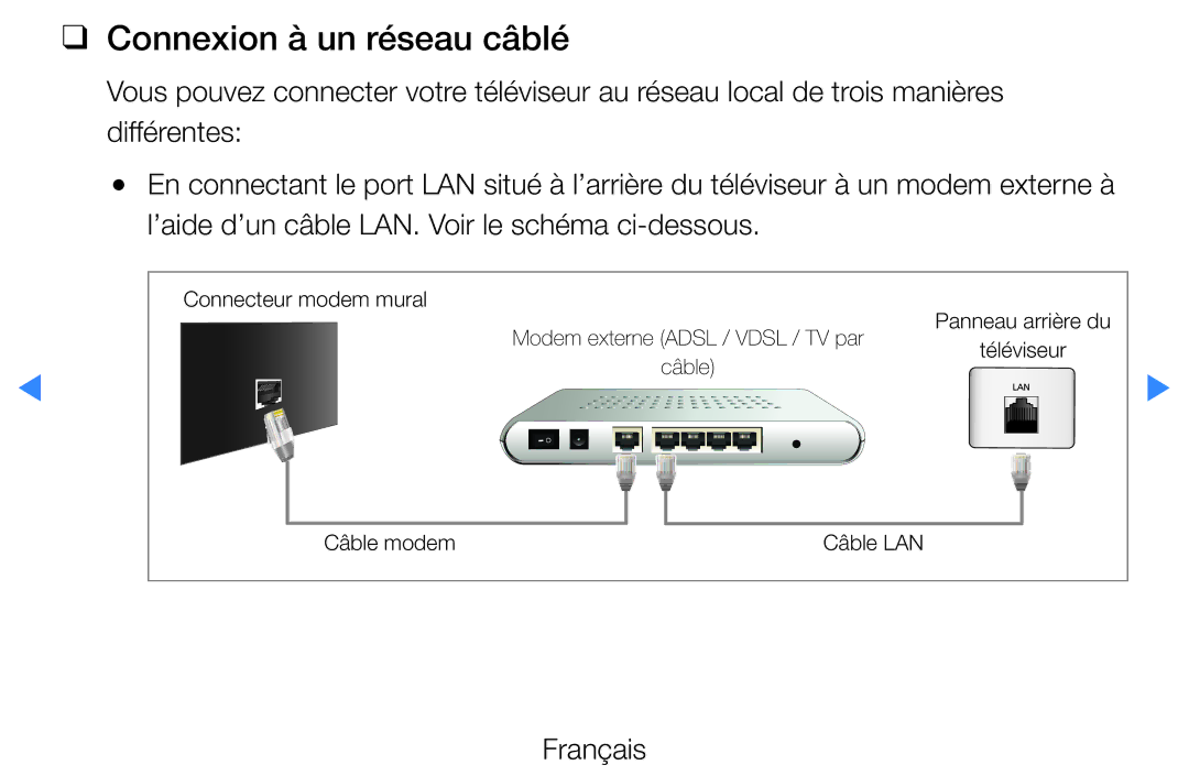 Samsung UE46D5720RSXZF, UE40D5720RSXZF, UE40D5700RSXZF, UE37D5700RSXZF, UE27D5000NWXZF manual Connexion à un réseau câblé 