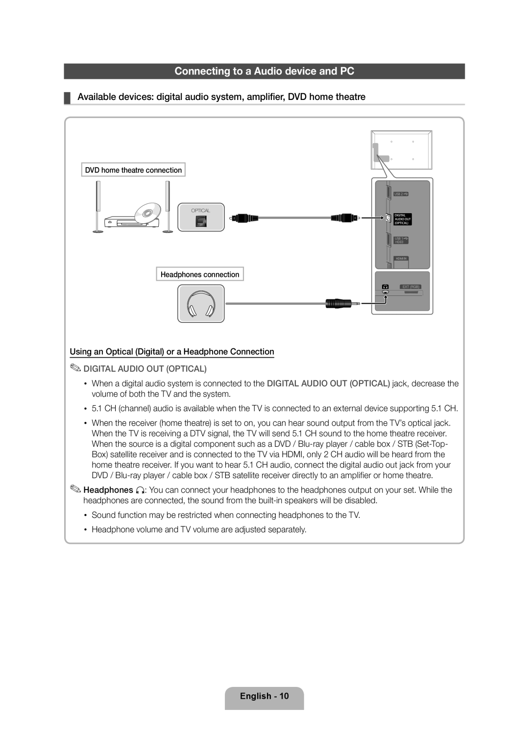 Samsung UE40D5700RSXZF manual Connecting to a Audio device and PC, Using an Optical Digital or a Headphone Connection 