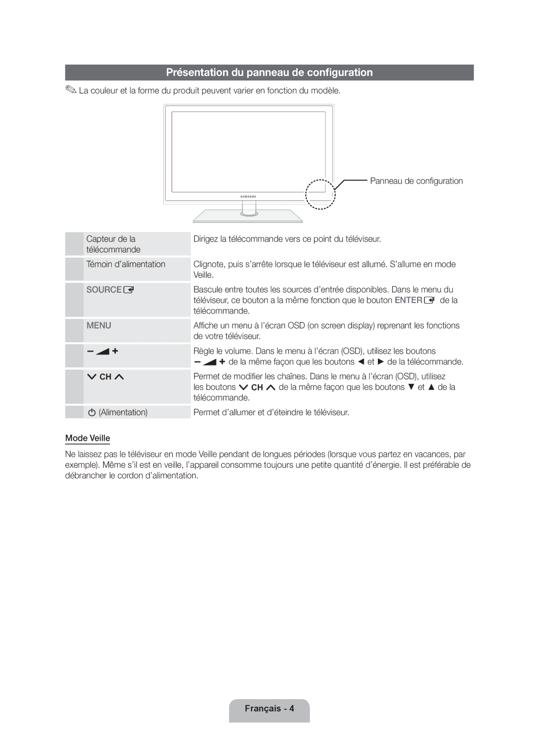 Samsung UE32D5700RSXXC, UE40D5720RSXZF, UE40D5700RSXZF manual Présentation du panneau de configuration, Témoin d’alimentation 