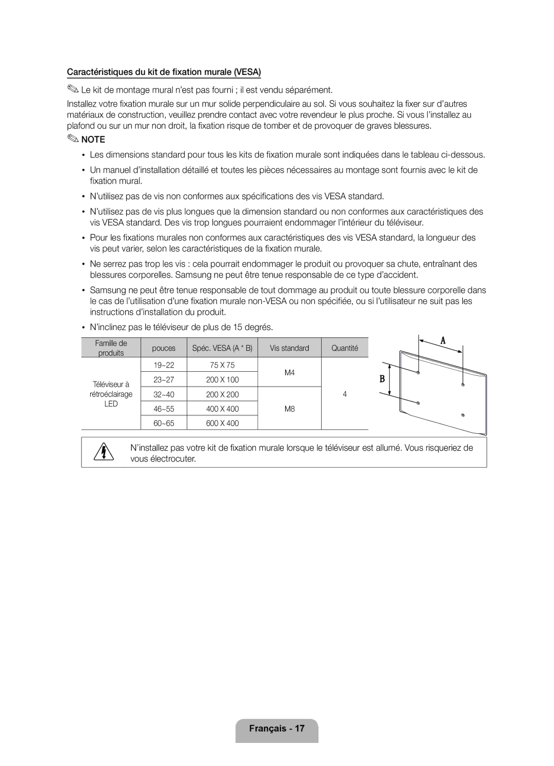 Samsung UE40D5700RSXZF Pouces, Vis standard Quantité Produits 19~22 75 X 23~27 200 X, 32~40 200 X, 46~55 400 X 60~65 600 X 