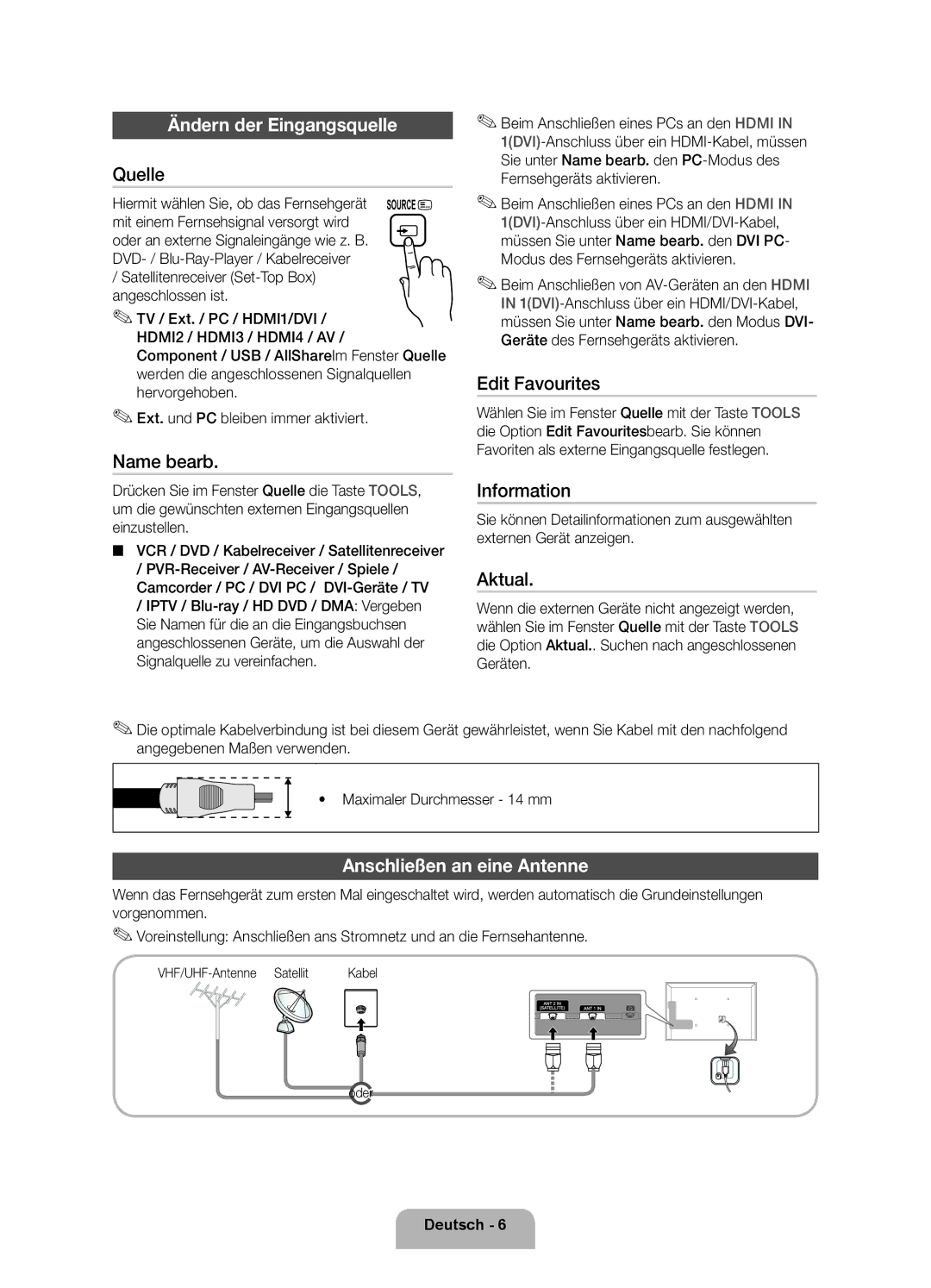 Samsung UE40D5700RSXZF, UE40D5720RSXZF Ändern der Eingangsquelle, Quelle, Name bearb, Aktual, Anschließen an eine Antenne 