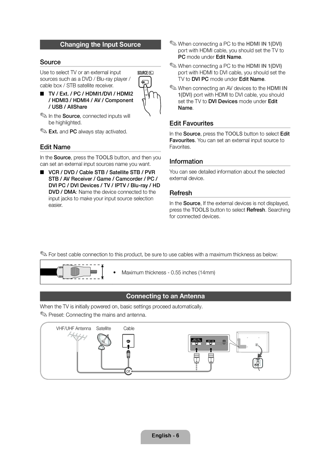 Samsung UE32D5700RSXXC, UE40D5720RSXZF, UE40D5700RSXZF, UE37D5700RSXZF Changing the Input Source, Connecting to an Antenna 