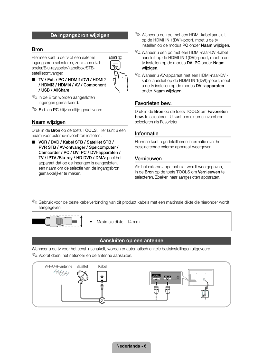 Samsung UE32D5700RSXZF, UE40D5720RSXZF, UE40D5700RSXZF, UE37D5700RSXZF De ingangsbron wijzigen, Aansluiten op een antenne 