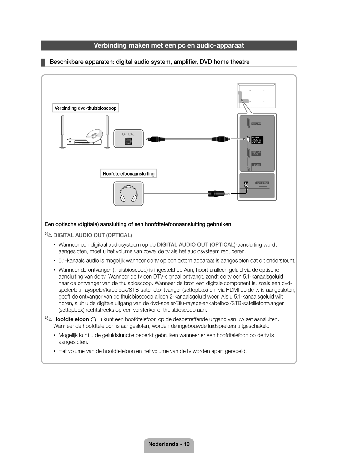 Samsung UE46D5720RSXZF, UE40D5720RSXZF, UE40D5700RSXZF, UE37D5700RSXZF manual Verbinding maken met een pc en audio-apparaat 