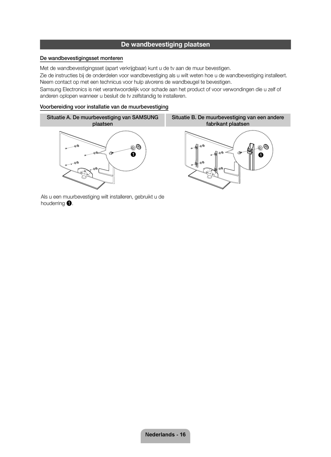 Samsung UE37D5720RSXZF, UE40D5720RSXZF, UE40D5700RSXZF, UE37D5700RSXZF, UE32D5700RSXZF manual De wandbevestiging plaatsen 