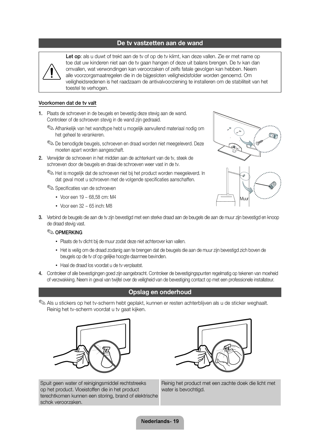 Samsung UE46D5720RSXZF, UE40D5720RSXZF, UE40D5700RSXZF manual De tv vastzetten aan de wand, Opslag en onderhoud, Muur 