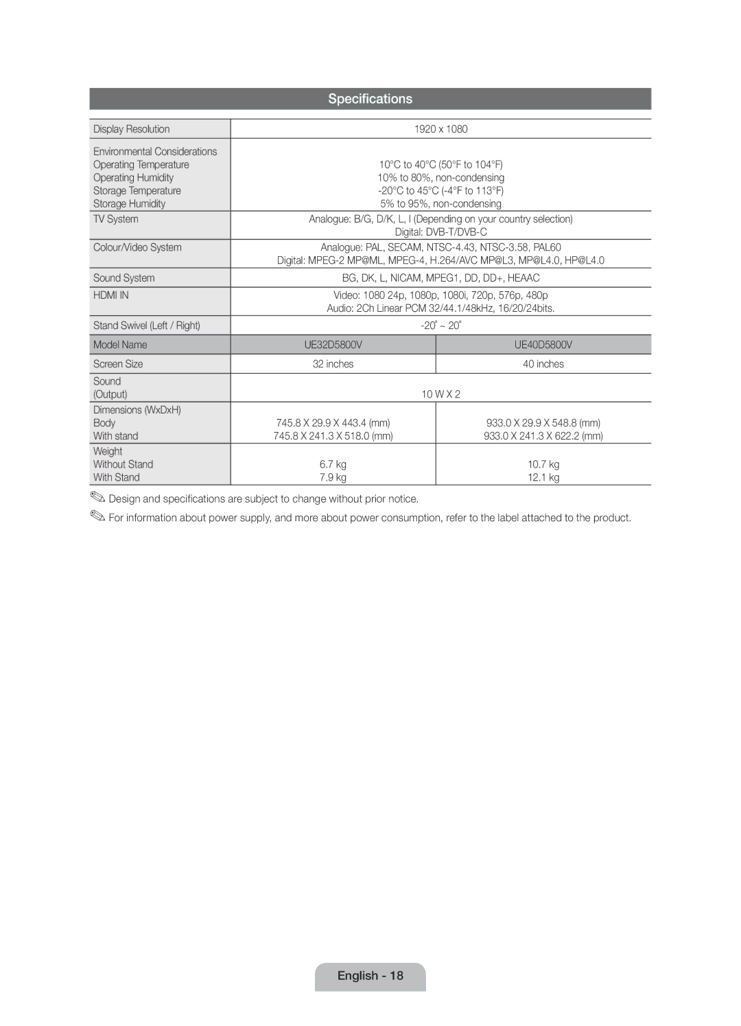 Samsung UE40D5800VWXRU manual Display Resolution, Operating Temperature, Operating Humidity, Storage Temperature, TV System 