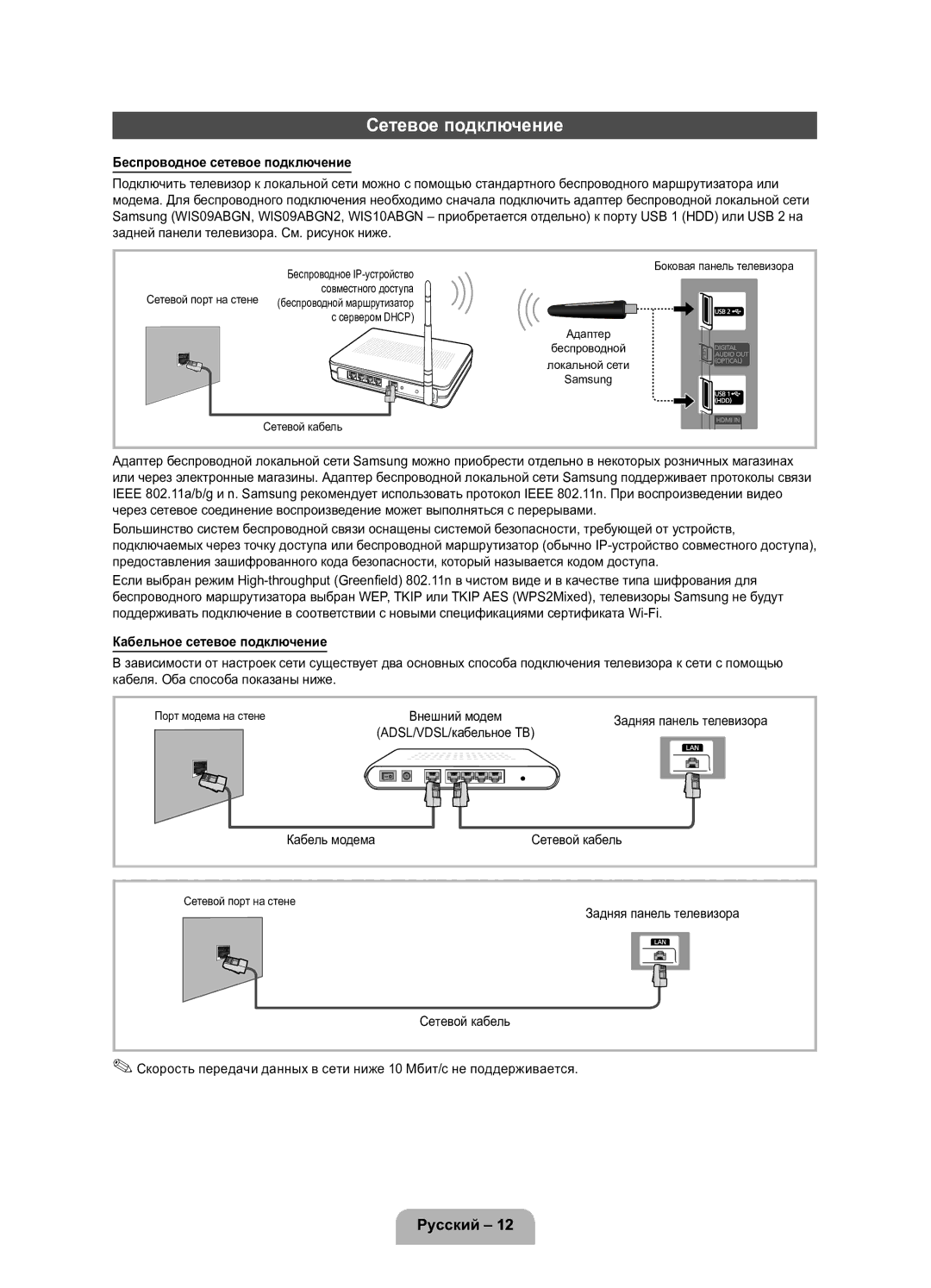 Samsung UE40D5800VWXRU manual Сетевое подключение, Беспроводное сетевое подключение, Кабельное сетевое подключение 