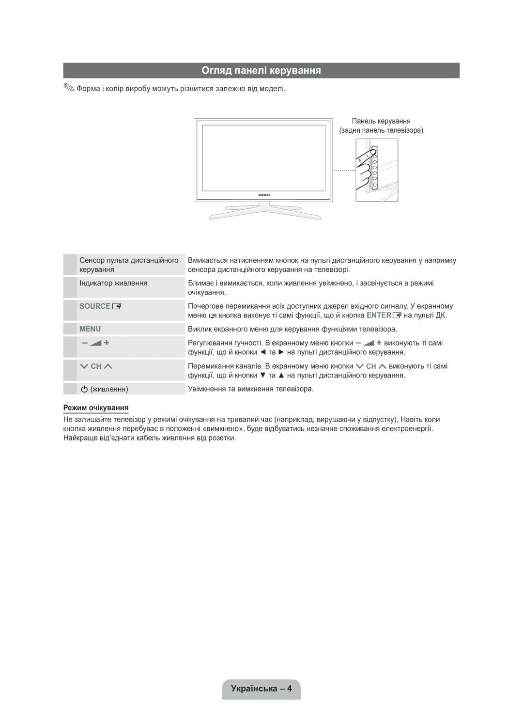 Samsung UE40D5800VWXRU, UE32D5800VWXRU manual Огляд панелі керування, Режим очікування 