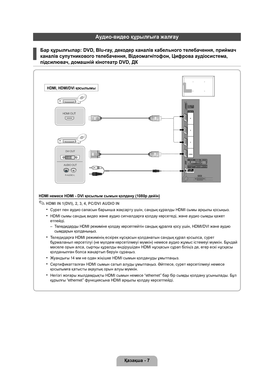 Samsung UE32D5800VWXRU, UE40D5800VWXRU manual Аудио-видео құрылғыға жалғау, HDMI, HDMI/DVI қосылымы 