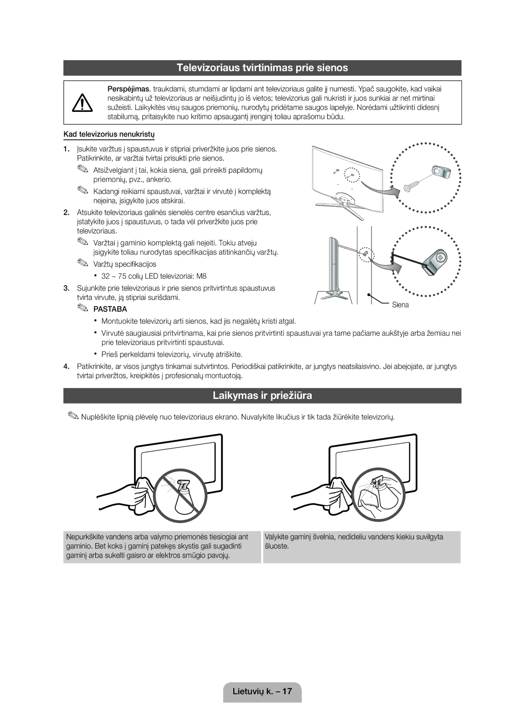 Samsung UE40D5800VWXBT, UE40D5800VWXZT, UE40D5800VWXXC manual Televizoriaus tvirtinimas prie sienos, Laikymas ir priežiūra 