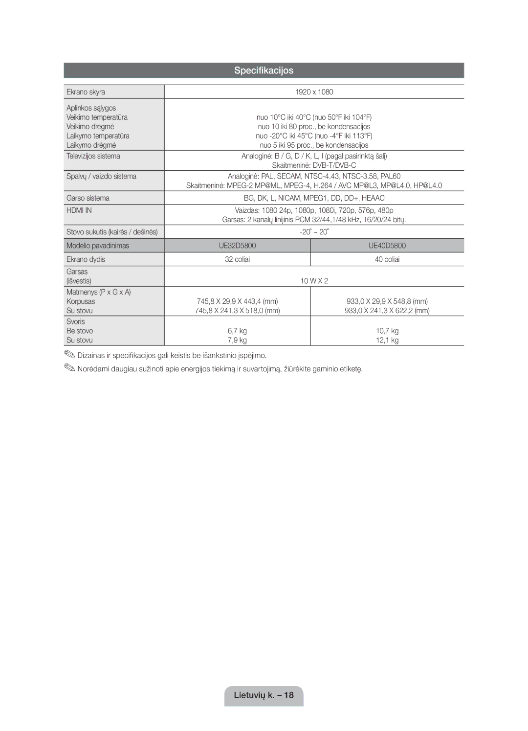 Samsung UE40D5800VWXZT, UE40D5800VWXXC, UE32D5800VWXBT, UE40D5800VWXBT manual Specifikacijos 