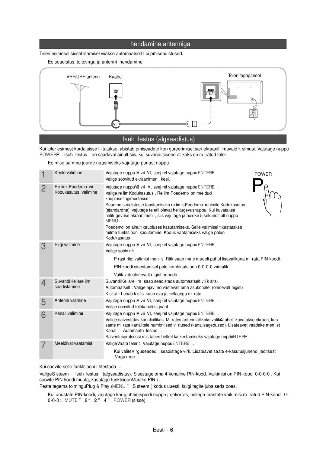 Samsung UE32D5800VWXBT, UE40D5800VWXZT manual Ühendamine antenniga, Isehäälestus algseadistus, VHF/UHF-antenn Kaabel, Või 