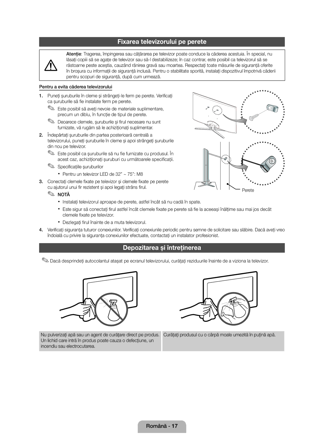 Samsung UE40D5800VWXBT, UE40D5800VWXZT, UE40D5800VWXXC manual Fixarea televizorului pe perete, Depozitarea şi întreţinerea 