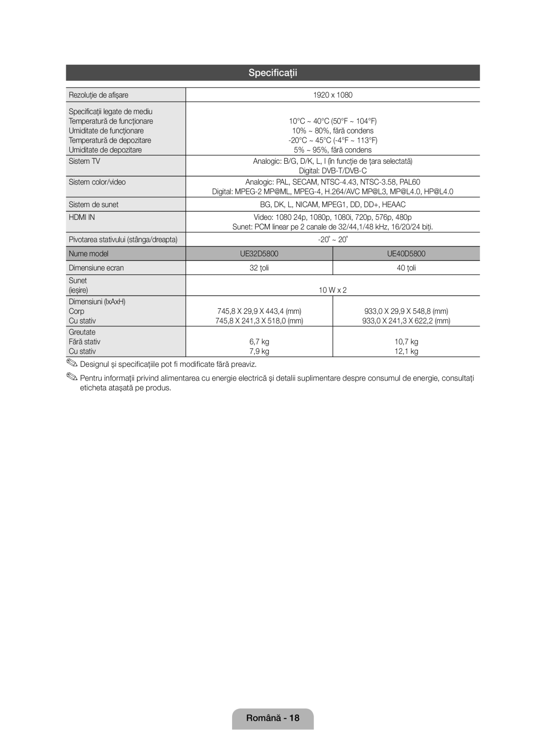 Samsung UE40D5800VWXZT, UE40D5800VWXXC, UE32D5800VWXBT, UE40D5800VWXBT manual Specificaţii 