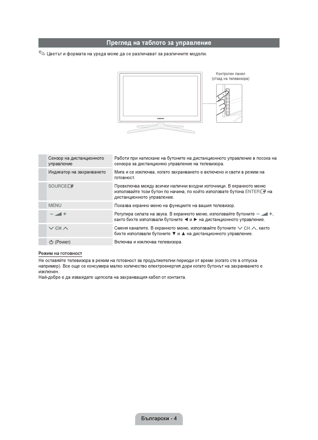 Samsung UE40D5800VWXZT manual Преглед на таблото за управление, Индикатор на захранването, Power, Режим на готовност 