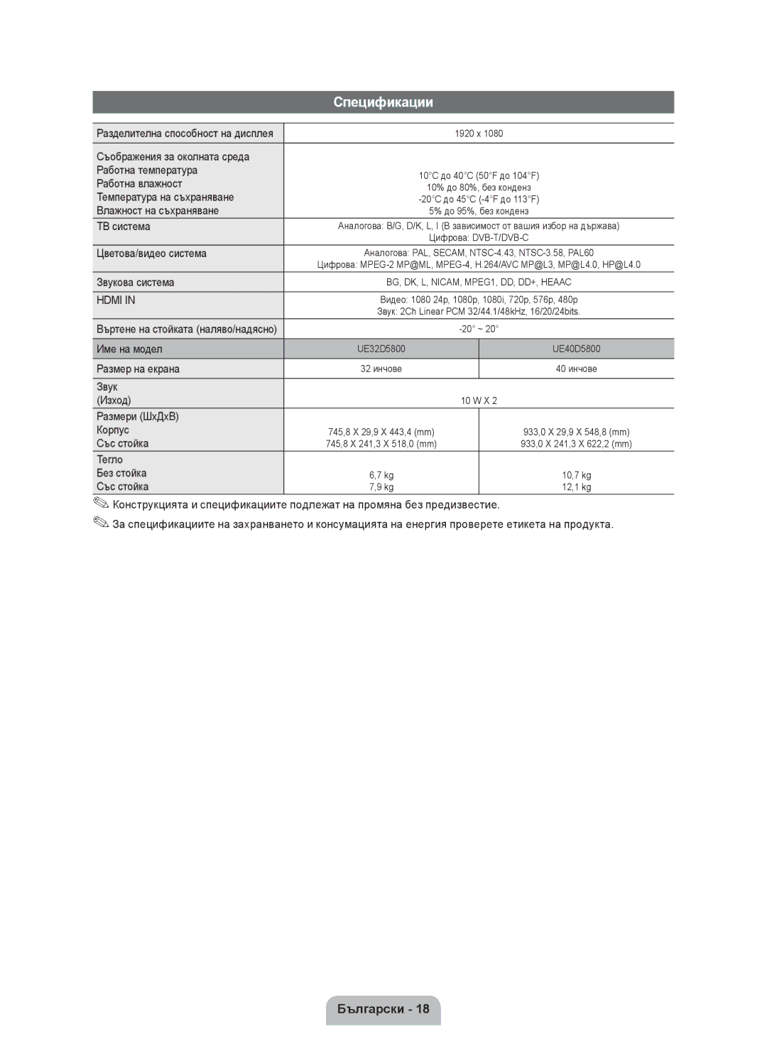 Samsung UE32D5800VWXBT, UE40D5800VWXZT, UE40D5800VWXXC, UE40D5800VWXBT manual Спецификации 