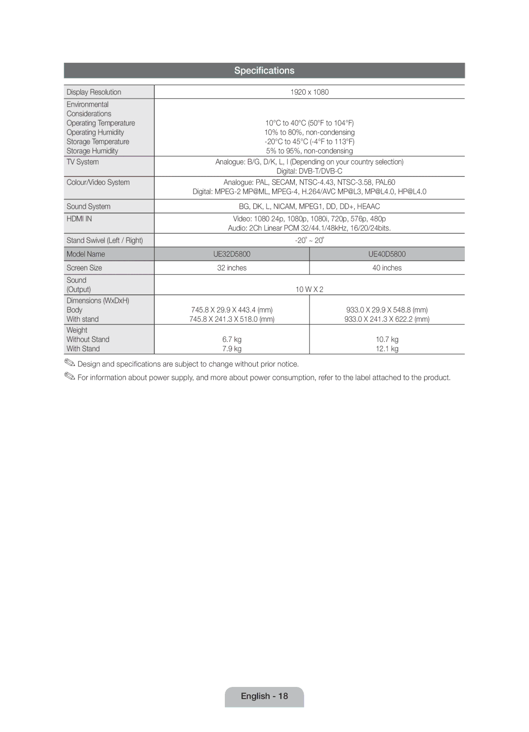 Samsung UE32D5800VWXBT, UE40D5800VWXZT, UE40D5800VWXXC, UE40D5800VWXBT manual Specifications 