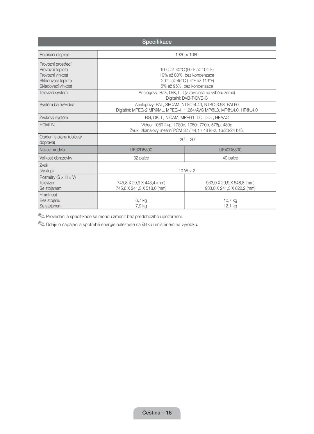 Samsung UE40D5800VWXZT, UE40D5800VWXXC, UE32D5800VWXBT, UE40D5800VWXBT manual Specifikace 