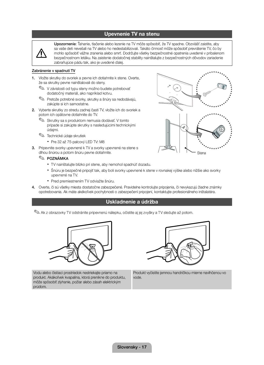 Samsung UE40D5800VWXXC, UE40D5800VWXZT, UE32D5800VWXBT, UE40D5800VWXBT manual Upevnenie TV na stenu, Uskladnenie a údržba 