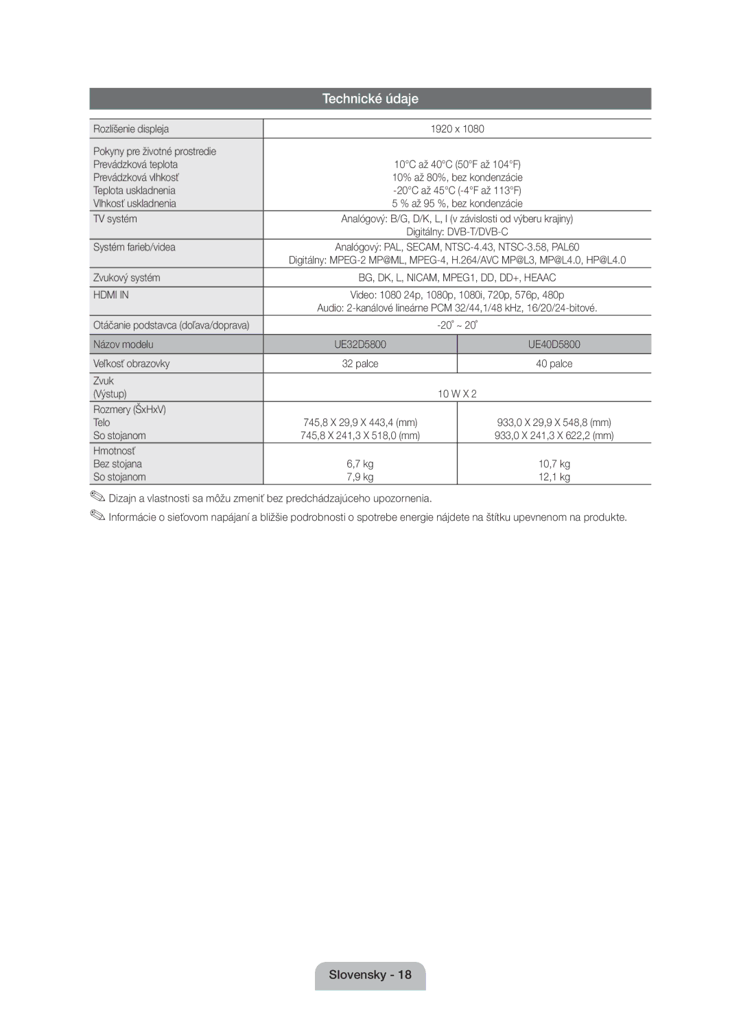 Samsung UE32D5800VWXBT, UE40D5800VWXZT, UE40D5800VWXXC, UE40D5800VWXBT manual Technické údaje 