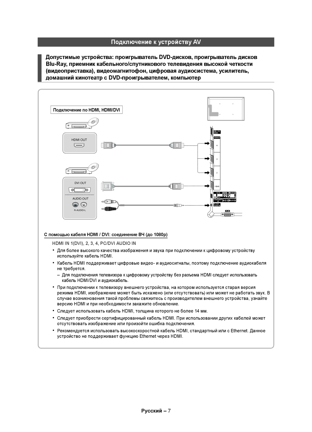 Samsung UE40D5800VWXXC, UE40D5800VWXZT, UE32D5800VWXBT manual Подключение к устройству AV, Подключение по HDMI, HDMI/DVI 