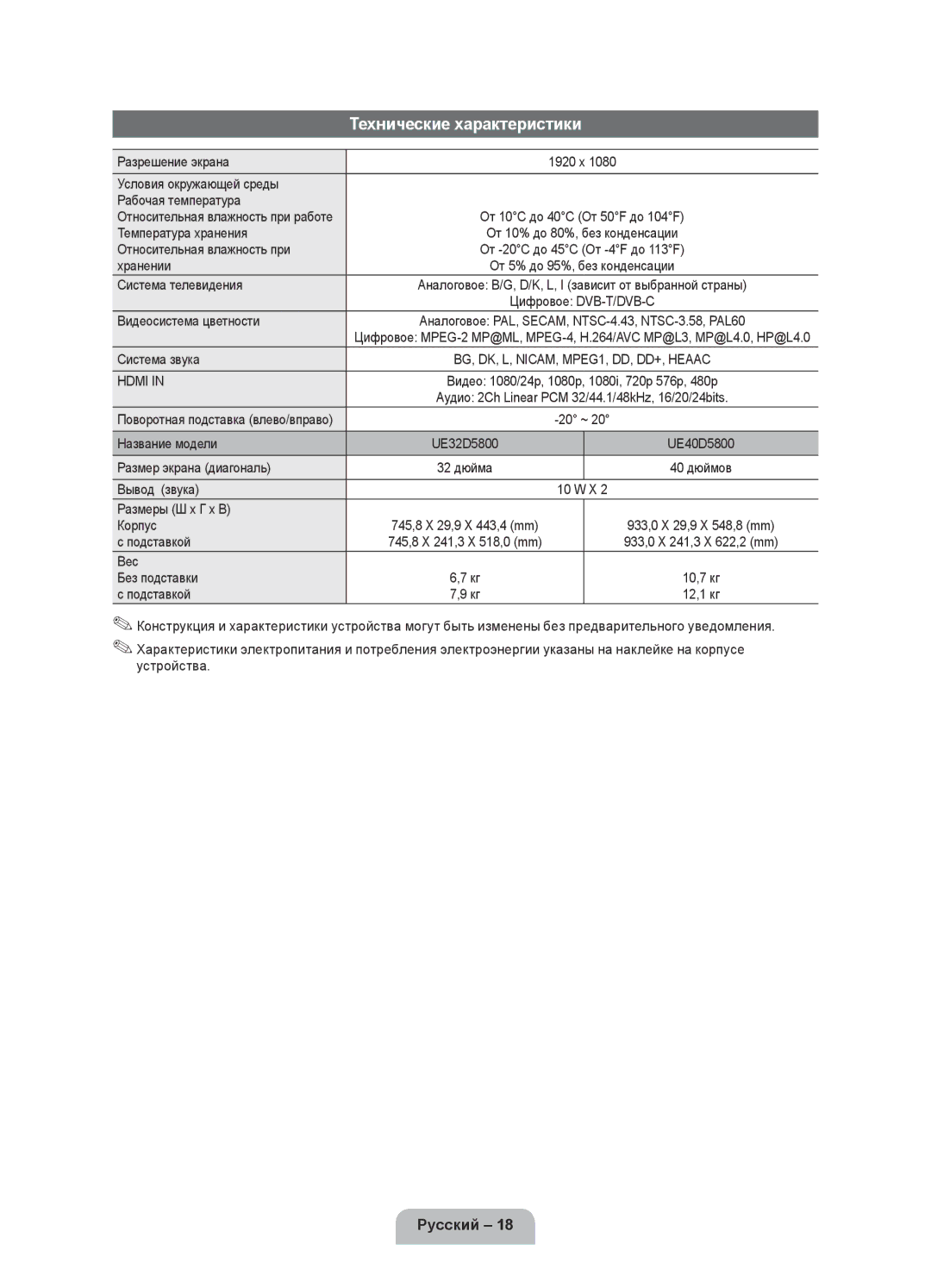 Samsung UE40D5800VWXZT, UE40D5800VWXXC, UE32D5800VWXBT, UE40D5800VWXBT manual Технические характеристики 